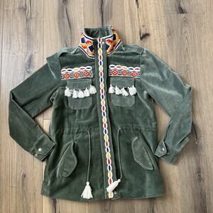 America & Beyond Green Embroidered Velvet Jacket Tassels Size Medium Colorful